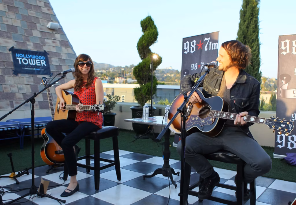 Nikki Monninger and Brian Aubert perform at the 98.7-FM Penthouse