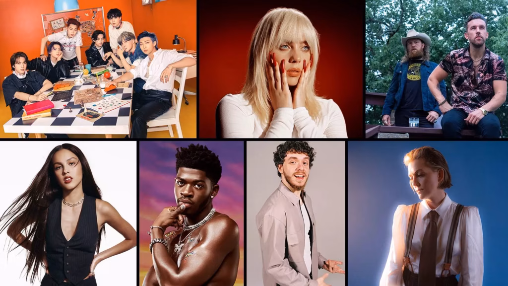 Photo of BTS, Olivia Rodrigo, Billie Eilish, Lil Nas X, Jack Harlow, Brandi Carlile, and Brothers Osborne