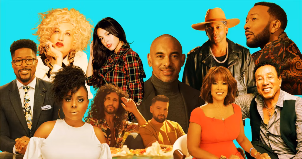 Collage image feature photos of (Clockwise, L-R): Nate Burleson, Cyndi Lauper, Olivia Rodrigo, Recording Academy CEO Harvey Mason jr., Jimmie Allen, John Legend, Smokey Robinson, Gayle King, Dan + Shay, Ledisi
