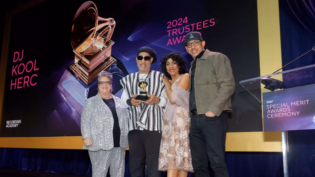 Chair of the Recording Academy's Board of Trustees Tammy Hurt, Trustees Honoree Award Honoree DJ Kool Herc, Cindy Campbell and CEO of the Recording Academy and Musicares Harvey Mason Jr.