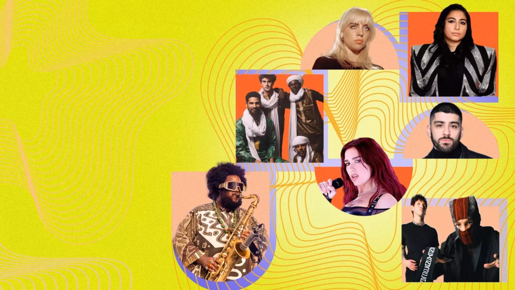 A graphic with showing (Clockwise from bottom left): Kamasi Washington, Mdou Moctar, Billie Wilish, Arooj Aftab, Zayn, Twenty-One Pilots, Dua Lipa