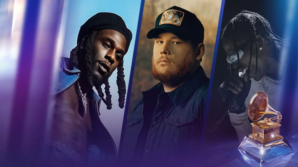 (L-R) Burna Boy, Luke Combs and Travis Scott will perform at the 2024 GRAMMYs, airing live Sunday, Feb. 4, at 8 p.m. ET/5 p.m. PT on the CBS Television Network and streaming live and on demand on Paramount+