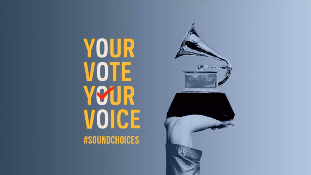 A graphic featuring a hand holding a GRAMMY Award. The words 