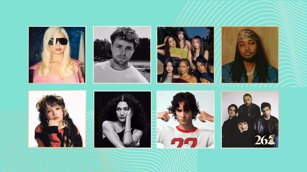 A collage graphic featuring photos of the Best New Artist nominees at the 2026 Grammys (clockwise from top-left): Addison Rae, Alex Warren, KATSEYE, Leon Thomas, The Marías, SOMBR, Olivia Dean, and Lola Young. The photos are atop a bright green background