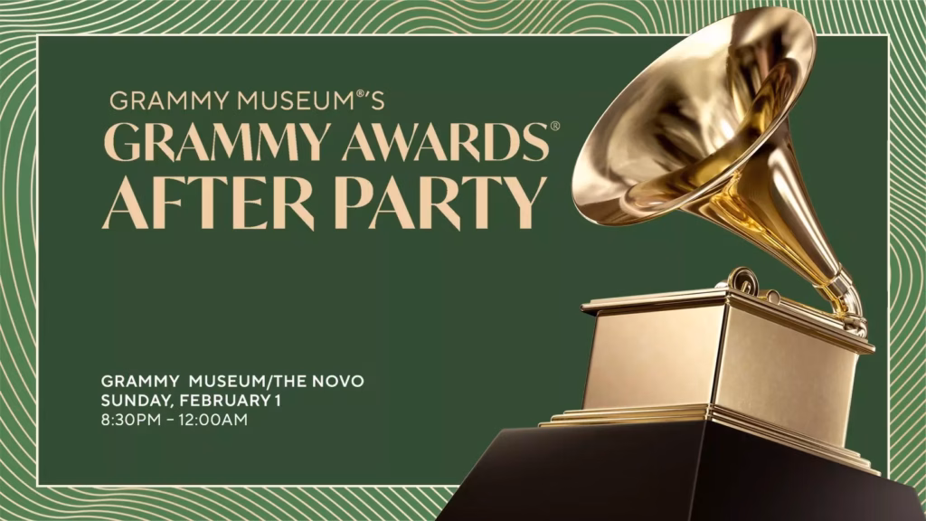 A graphic promoting the Grammy Museum's 2026 Grammy Awards After Party. The graphic features the words 