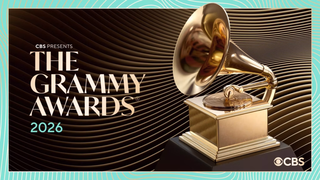 A graphic promoting the 2026 Grammy Awards. The graphic features the words 
