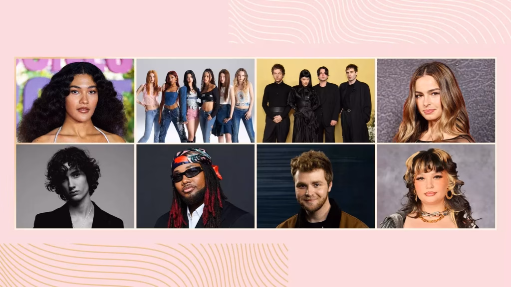 Olivia Dean, KATSEYE, The Marías. Addison Rae, sombr, Leon Thomas, Alex Warren, Lola Young in collage