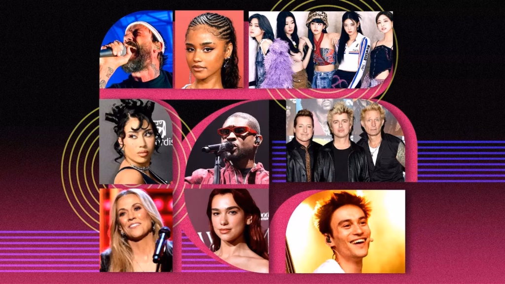 A photo collage of Joe Talbot of IDLES, Tyla, ITZY, Kali Uchis, Usher, Green Day, Sheryl Crow, Dua Lipa, and Jacob Collier