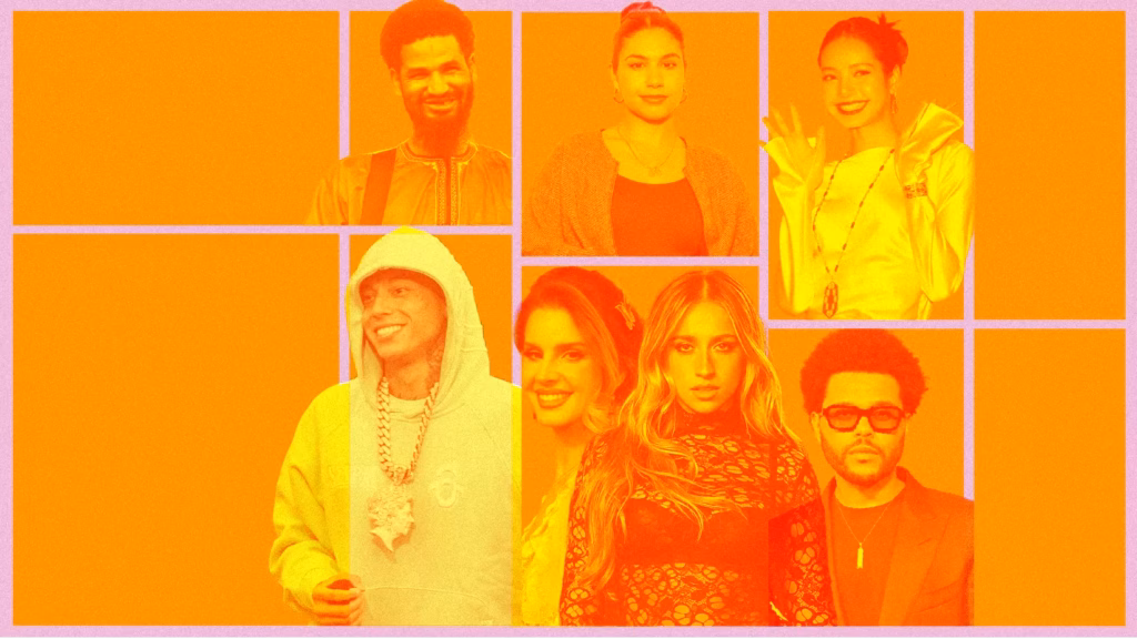 (Clockwise from top left): Mdou Moctar, Alessia Cara, Lisa, The Weeknd, Tate McRae, Lana Del Rey, Central Cee