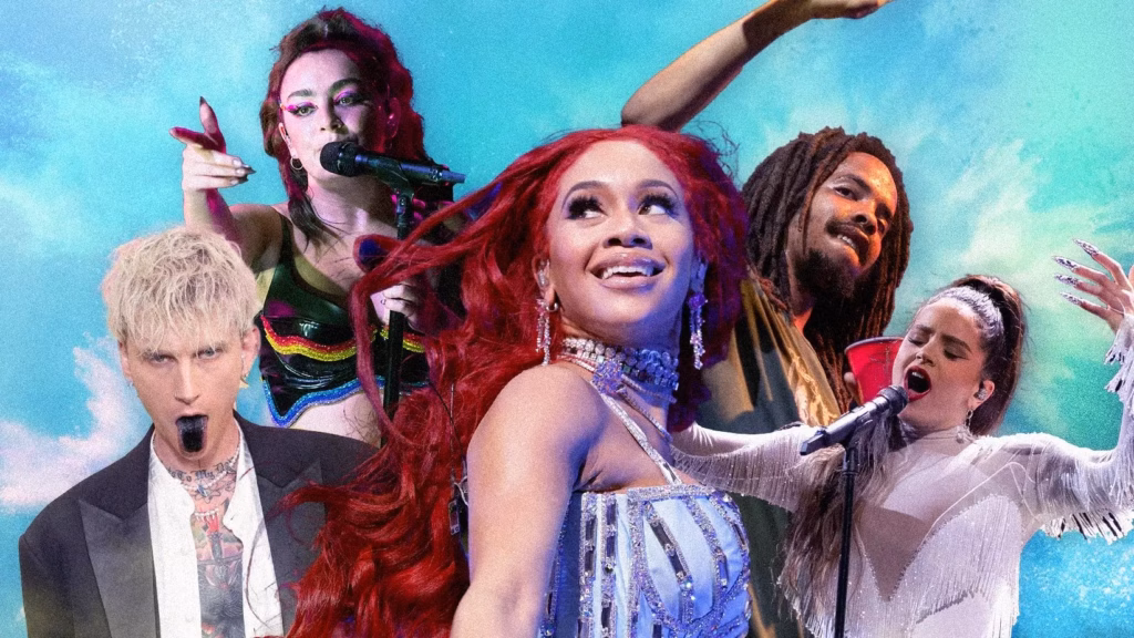 (L - R): Machine Gun Kelly, Charli XCX, Saweetie, Earl Sweatshirt, Rosalía