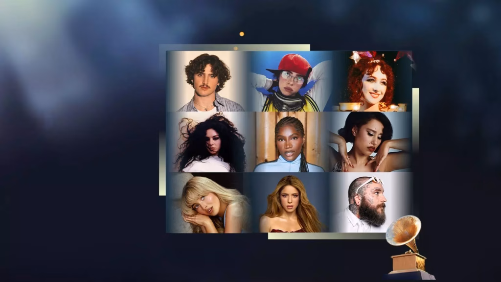 A collage image promoting the performers at the 2025 GRAMMYs featuring photos of (Top Row, L-R) Benson Boone, Billie Eilish, Chappell Roan; (Middle Row, L-R) Charli xcx, Doechii, RAYE; (Bottom Row, L-R): Sabrina Carpenter, Shakira, Teddy Swims
