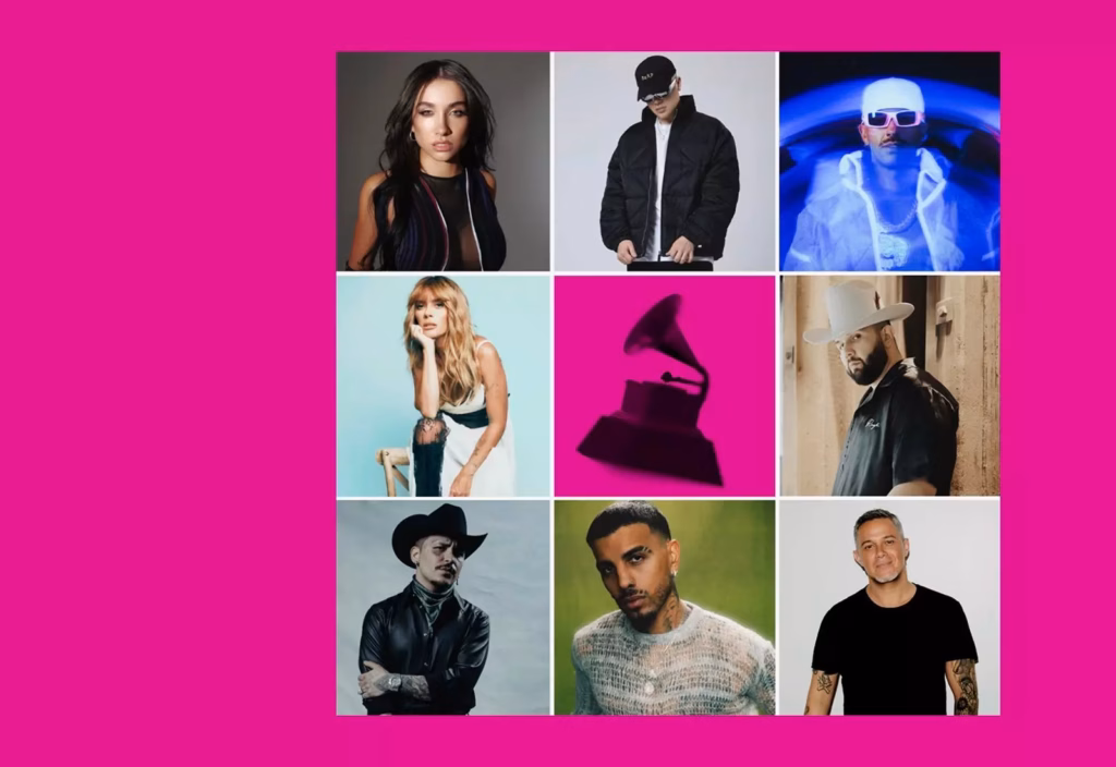 Photos of 2023 Latin GRAMMYs performers (Clockwise, top-left to right) Maria Becerra, Bizarrap, Feid, Carin León, Alejandro Sanz, Rauw Alejandro, Christian Nodal, and Kany García