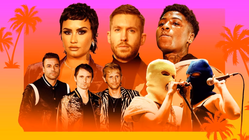 Graphic featuring photos clockwise from bottom-left: Muse, Demi Lovato, Calvin Harris, YoungBoy Never Broke Again, Pussy Riot