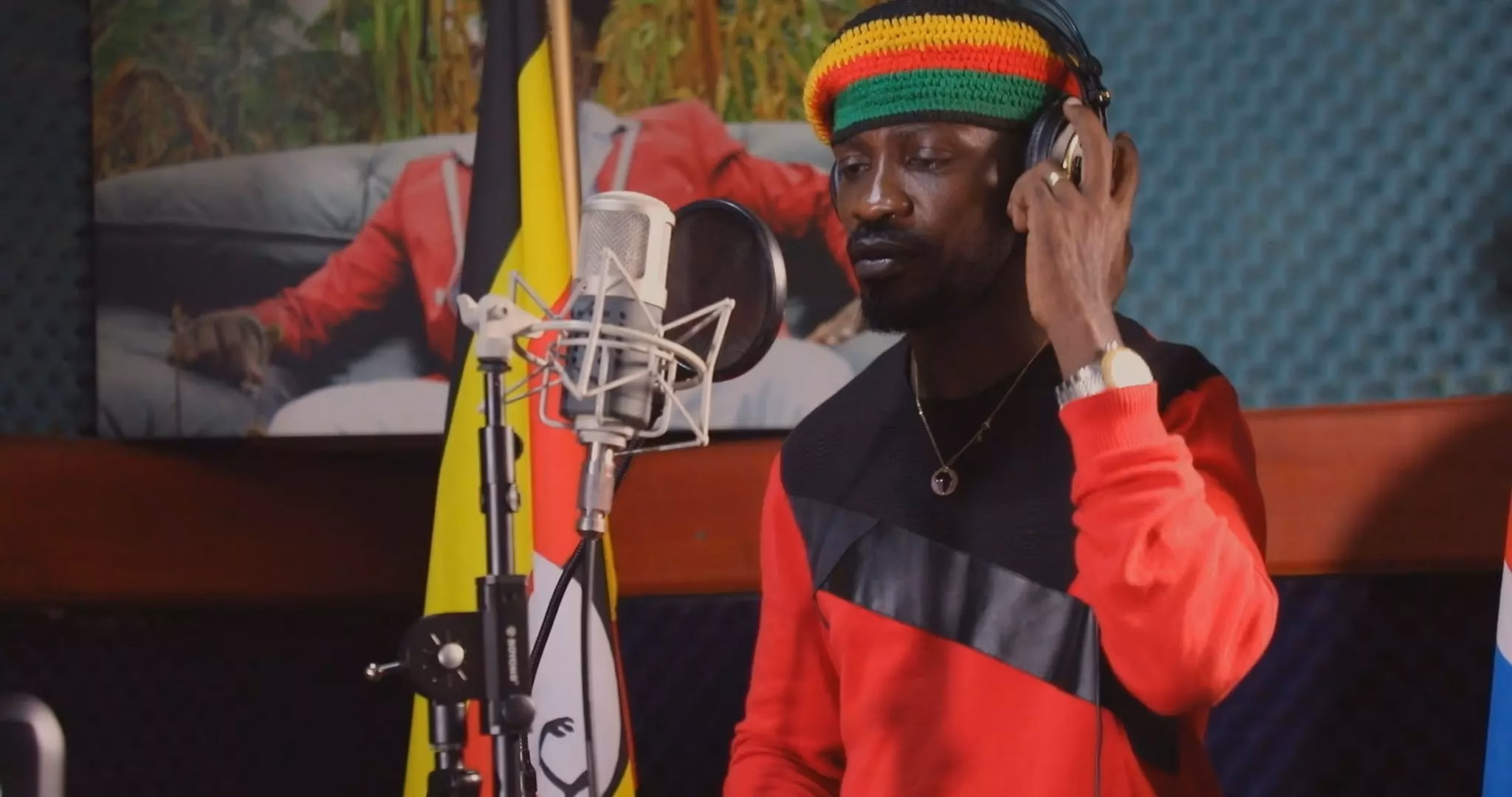 Bobi Wine is pictured in a recording studio