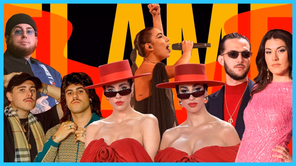 Collage image featuring photos of (from left) Maka, La Plazuela, Mëstiza, María José Llergo, C. Tangana, Queralt Lahoz