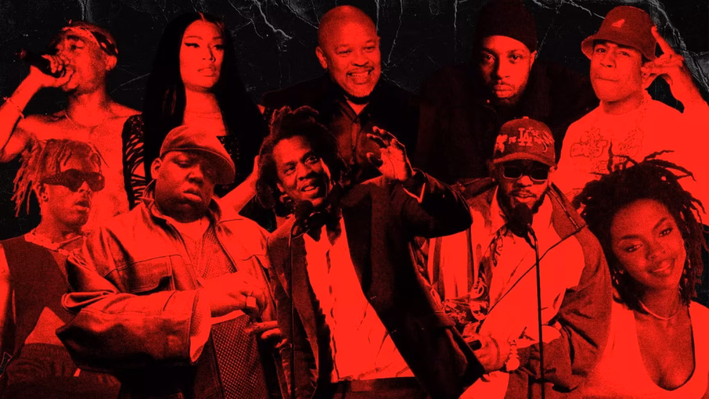 Graphic featuring images of (Clockwise, L-R): 2Pac, Nicki Minaj, Dr. Dre, J Dilla, LL Cool J, Ms. Lauryn Hill, Kendrick Lamar, Jay-Z, the Notorious B.I.G., Lil Uzi Vert