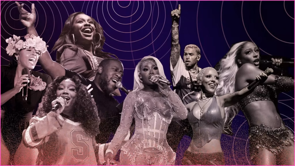 (From left) Janelle Monáe, Coco Jones, SZA, Robert Glasper, Summer Walker, Chris Brown, Doja Cat, Victoria Monét