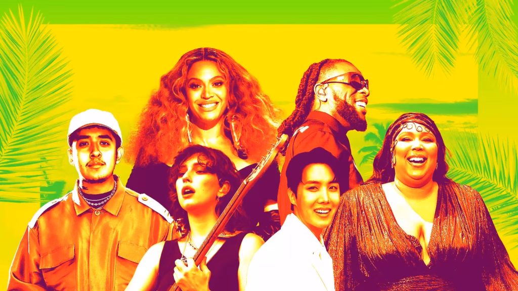 Graphic featuring photos of (Clockwise, L-R): Cuco, Beyoncé, Burna Boy, Lizzo, J-Hope, King Princess