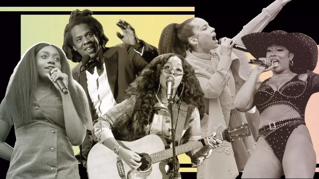 Photo of (L - R): Noname, JAY-Z, H.E.R., Alicia Keys, and Megan Thee Stallion