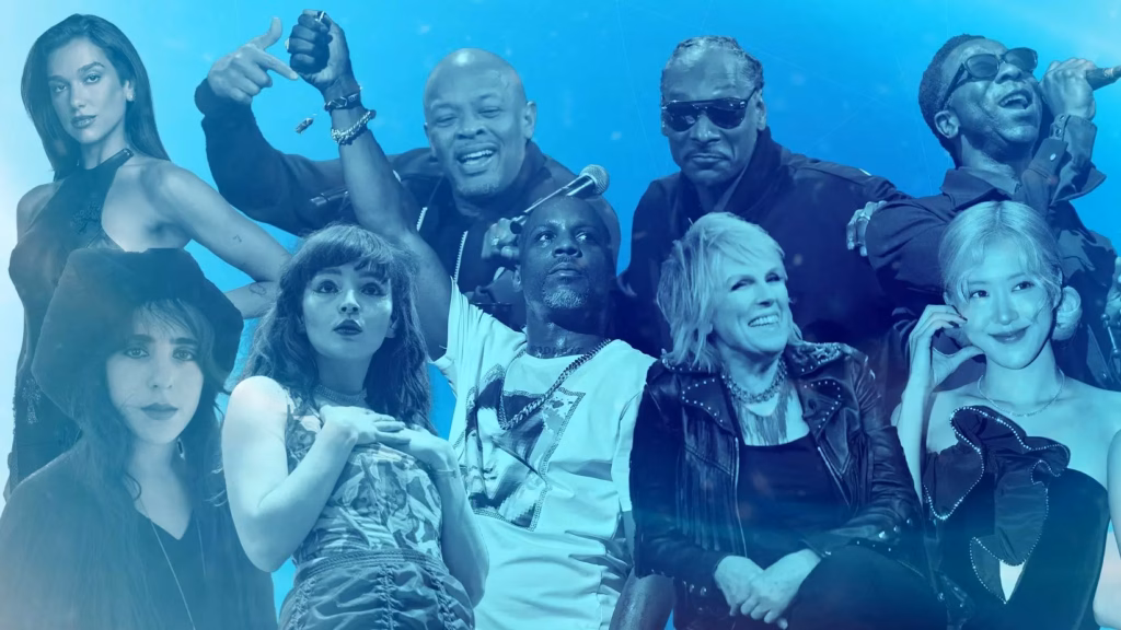 Dua Lipa, Dr. Dre & Snoop Dogg, Greg Lee of Hepcat, Rosé, Lucinda Williams, DMX, Lauren Mayberry & Laura Nyro in collage