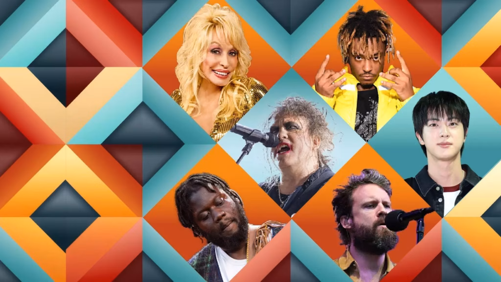 (Clockwise from left) Dolly Parton, Robert Smith of The Cure, Juice WRLD, Jin of BTS, Father John Misty, Michael Kiwanuka