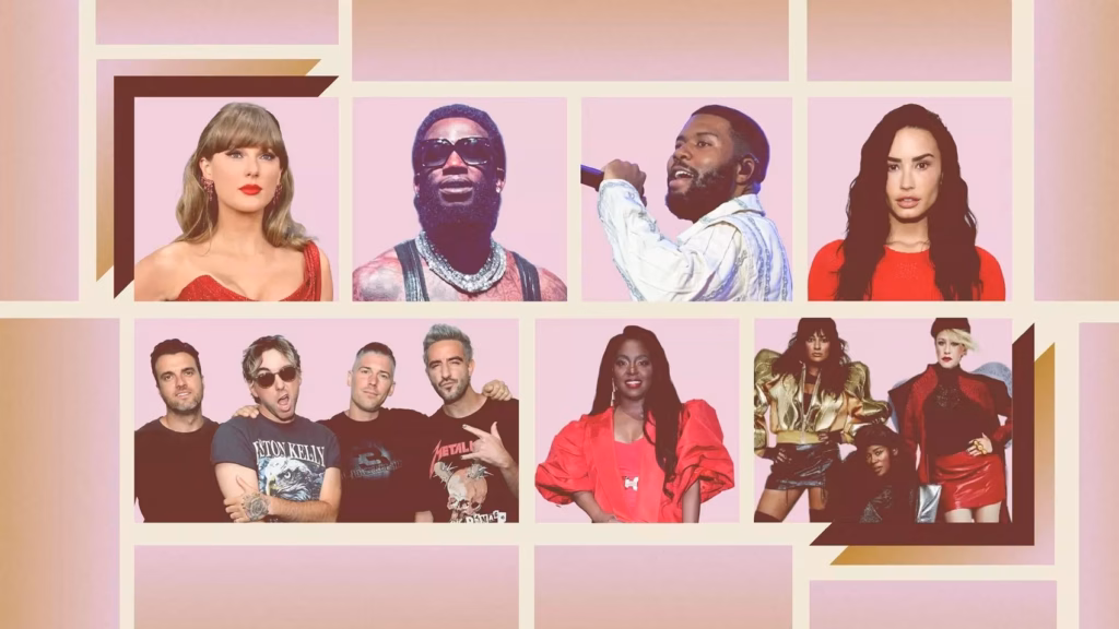 Taylor Swift, Gucci Mane, Khalid, Demi Lovato, Say She She, Ledisi, All Time Low in collage