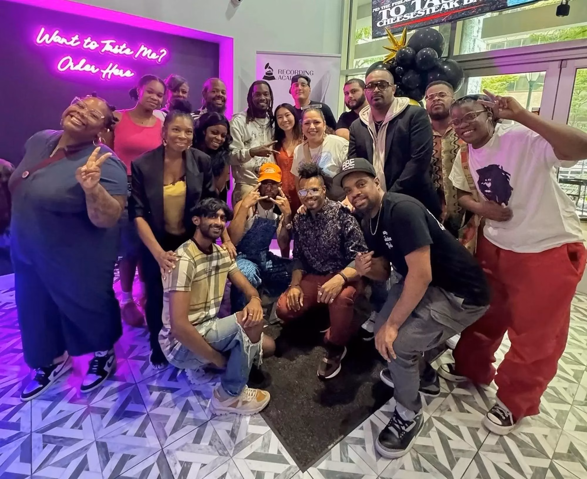 Recording Academy Philadelphia Chapter members stand for a photo with with Offset at an exclusive meet and greet