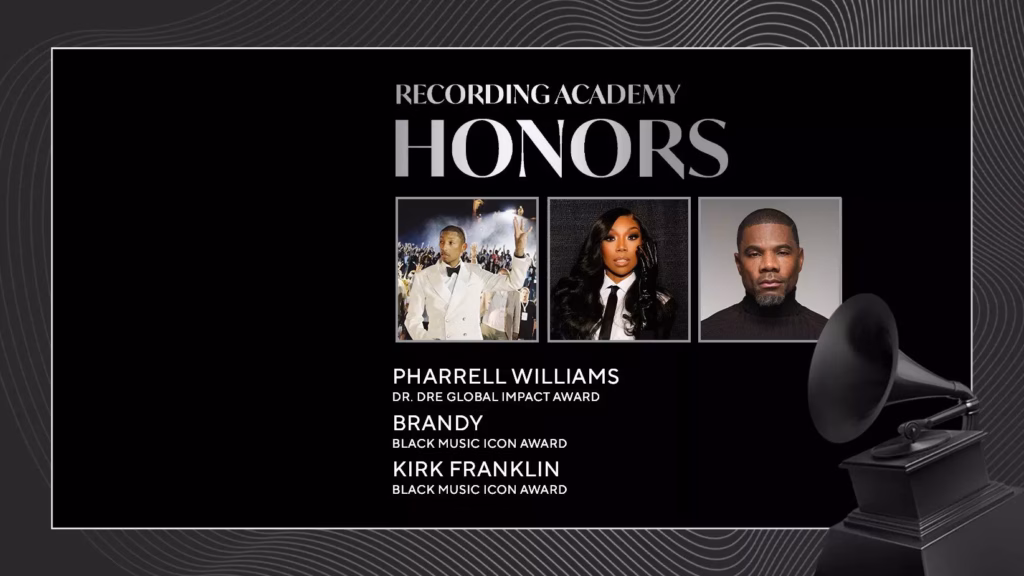 A graphic promoting the 2026 Recording Academy Honors, presented by the Recording Academy's Black Music Collective. The graphic features a collage of images featuring 2026 Recording Academy Honors honorees (L-R) Pharrell Williams, Brandy, Kirk Franklin