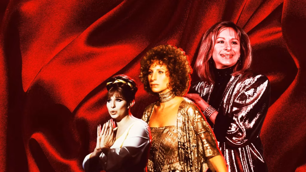 Photo collage of Barbra Streisand in 1968, 1975 and 1985