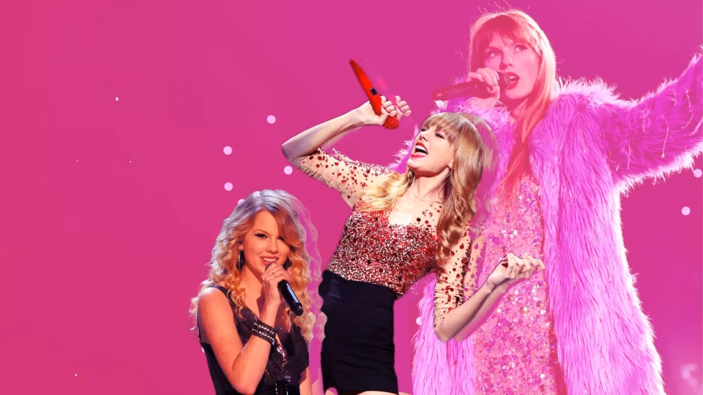 A composite image collage featuring images of Taylor Swift in (L-R) 2023, 2008 and 2012.