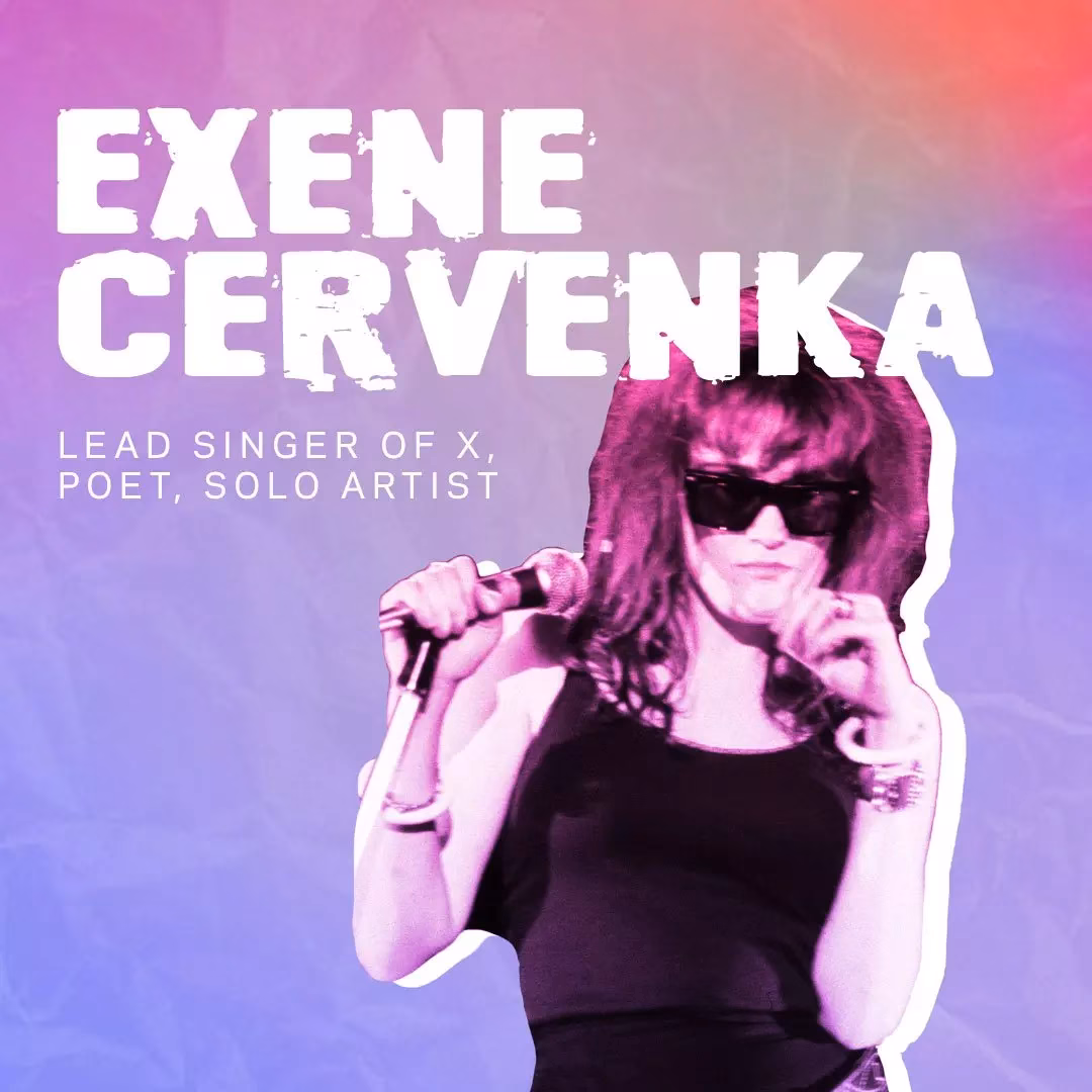 Graphic featuring photo of Exene Cervenka performing live in 1983