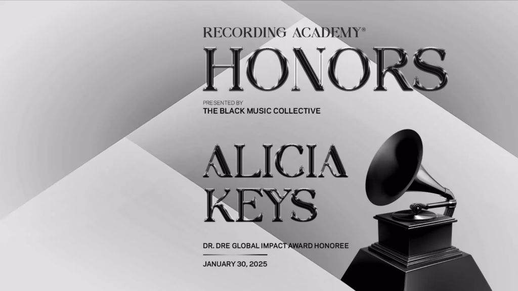 A graphic promoting the 2025 Recording Academy Honors Presented by the Black Music Collective event celebrating Alicia Keys featuring the words 