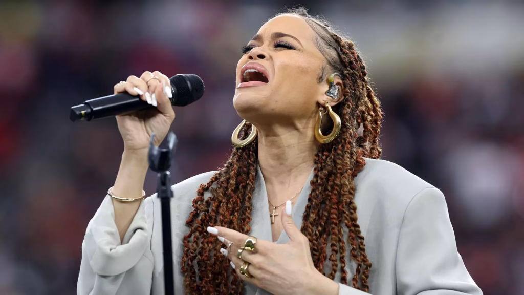 Andra Day performs “Lift Every Voice and Sing” prior to Super Bowl LVIII.