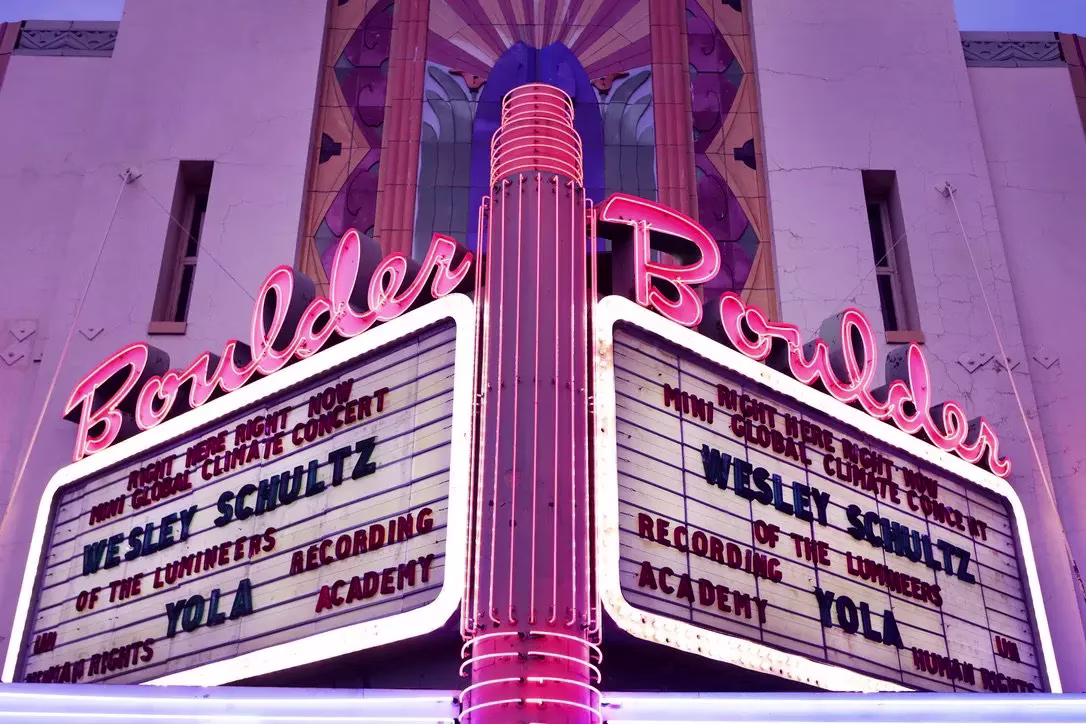 Inline Photo: Boulder Theater - 5 Takeaways Right Here, Right Now Mini Global Climate Concert Photo of the outdoor marquee sign at the Boulder Theater in Colorado for the Right Here, Right Now Mini Global Climate Concert Series on April 13, 2023