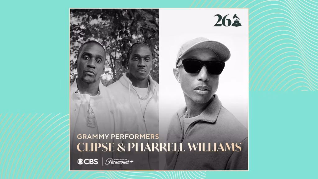 A collage graphic featuring photos of 2026 Grammys nominees and performers Clipse (L) and Pharrell Williams (R). The graphic features the words 
