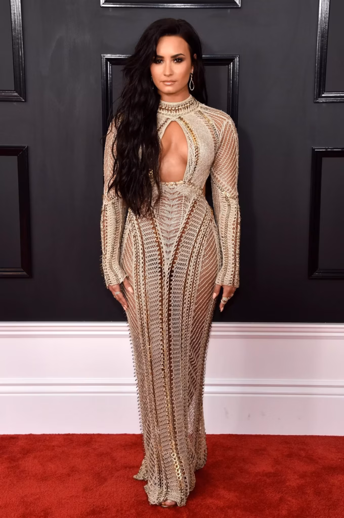 Demi Lovato on the red carpet at the 59th GRAMMY Awards in 2017