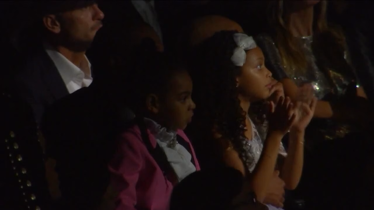 Jay Z and Blue Ivy Watch Beyoncé perform at the 59th GRAMMYs