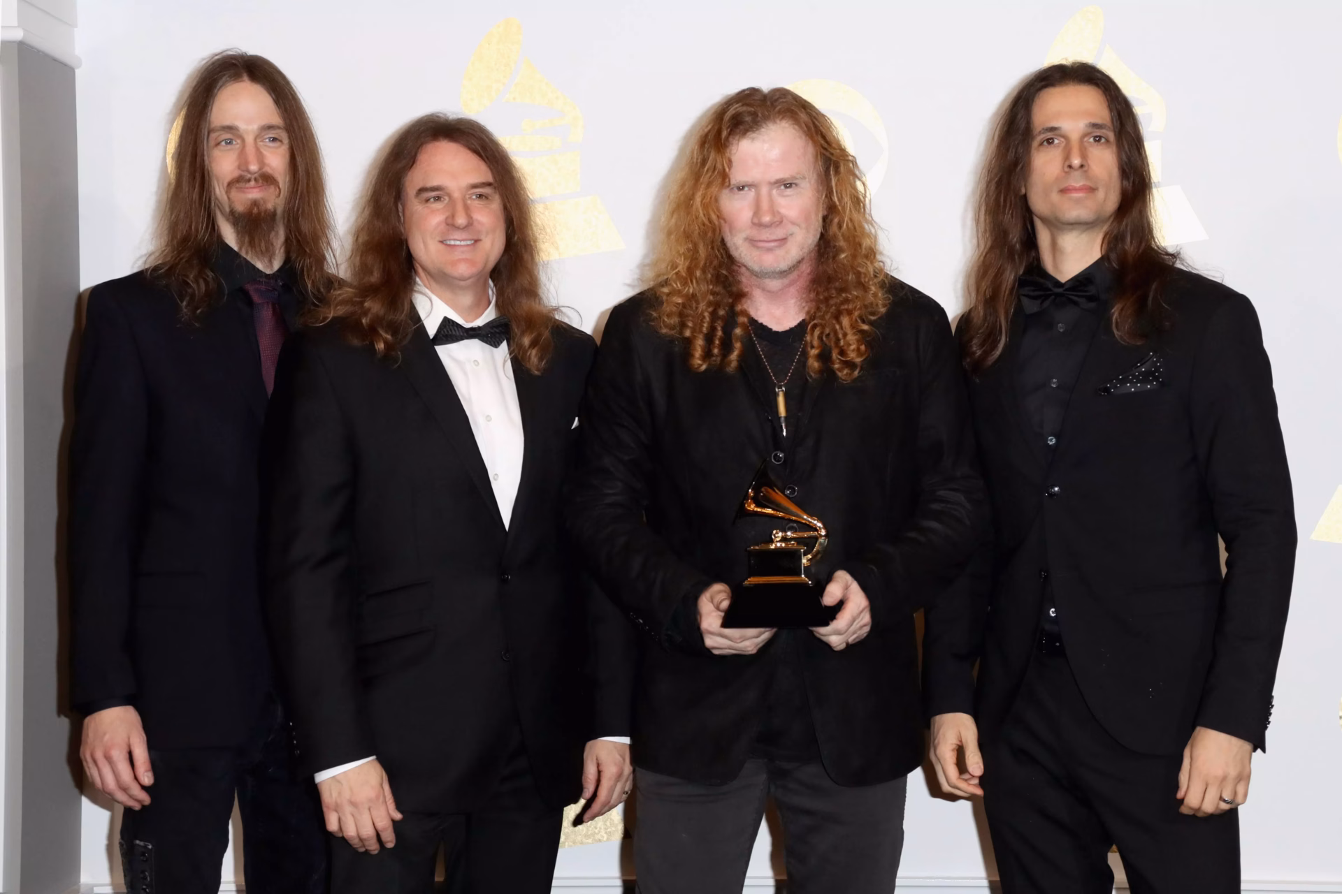 Megadeth's Dirk Verbeuren, David Ellefson, Dave Mustaine, and Kiko Loureiro at the 59th GRAMMY Awards on Feb. 12, 2017