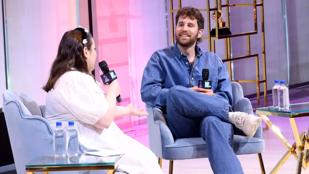 Beanie Feldstein (L) and Ben Platt (R) speak onstage during the GRAMMY U Conference.