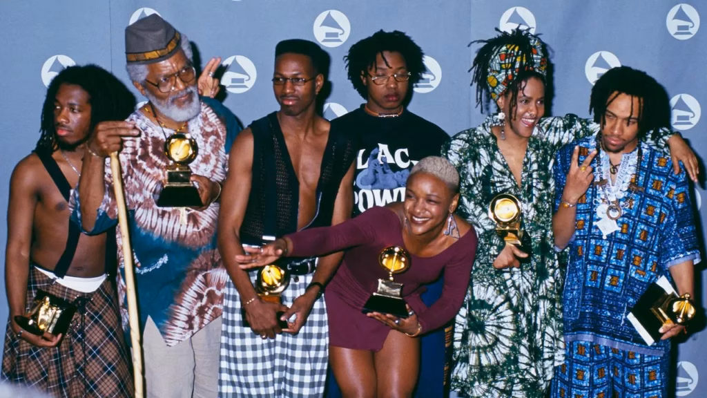 Artwork for GRAMMY Rewind episode on Arrested Development for Best New Artist GRAMMY win at the 35th GRAMMY Awards in 1993