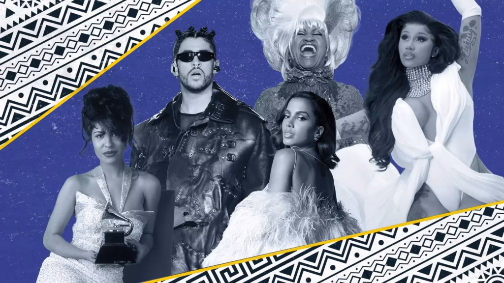 Graphic featuring photos of (L-R): Selena, Bad Bunny, Anitta, Celia Cruz, Cardi B