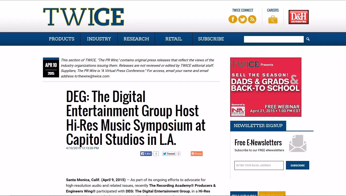 DEG: THE DIGITAL ENTERTAINMENT GROUP HOST HI-RES MUSIC SYMPOSIUM AT CAPITOL STUDIOS IN L.A.