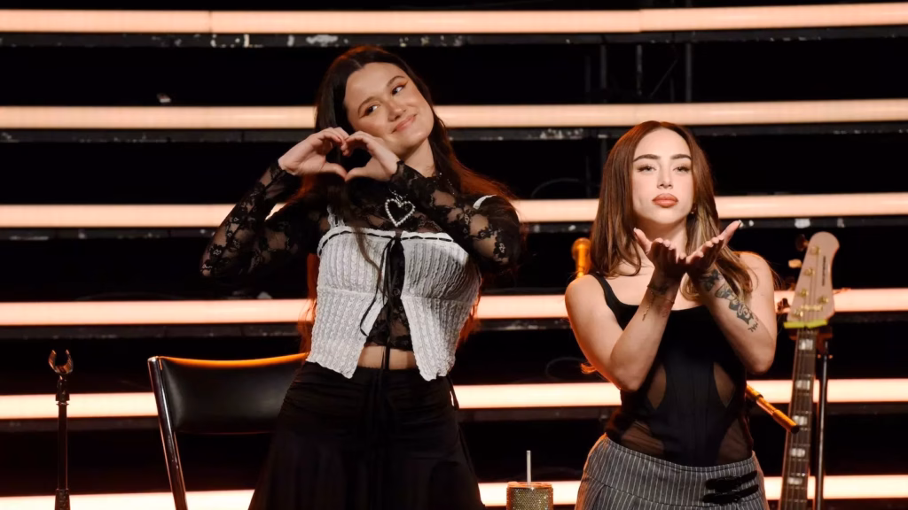 Photo of Joaquina (L) and Nicki Nicole (R) performing at the Latin Recording Academy's Best New Artist showcase at Michelangelo Legend in Buenos Aires, Argentina, on Sept. 5, 2024.