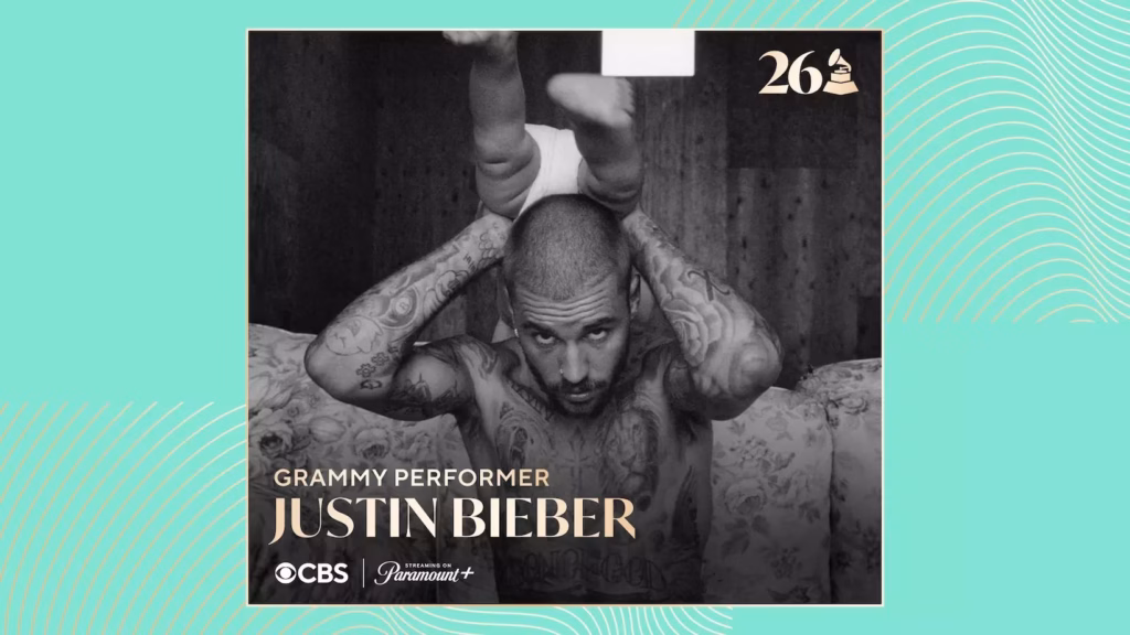 A photo of Justin Bieber promoting his performance at the 2026 Grammys
