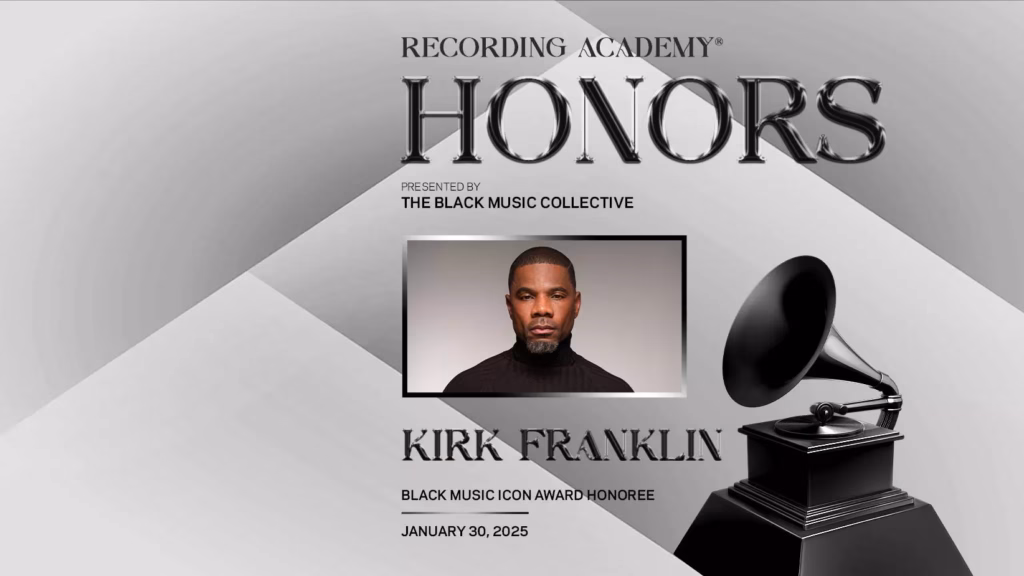 A photo Kirk Franklin promoting his Black Music Icon Award honor, to be presented at the 2025 Recording Academy Honors Presented by the Black Music Collective. The photo featues Kirk Franklin wearing a maroon turtleneck.