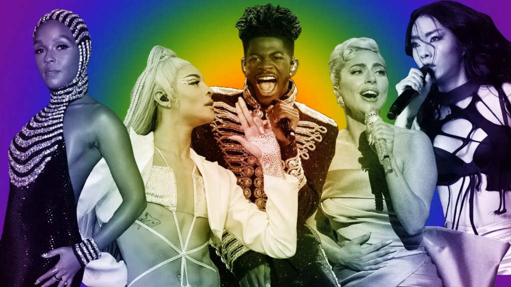 Graphic featuring photos of (L-R): Janelle Monáe, Pabllo Vittar, Lil Nas X, Lady Gaga, Rina Sawayama