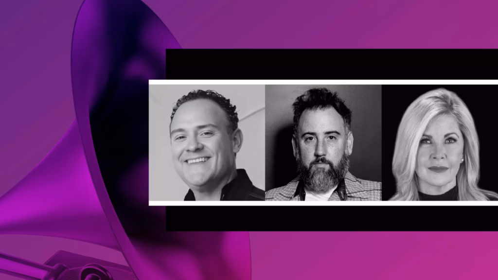 A collage image featuring photos of the Recording Academy's Songwriters & Composers Wing' leadership (L-R): Evan Bogart (Co-Chair), Ross Golan (Co-Chair), and Susan Stewart (Senior Managing Director)