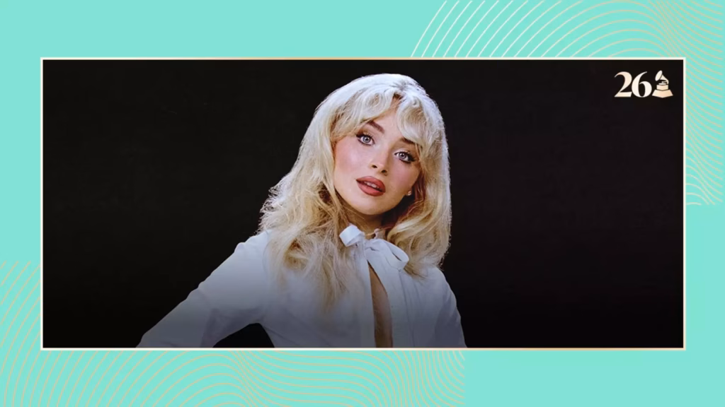 A photo of Sabrina Carpenter looking at the camera and wearing a white top. The photo is atop a black background on top of a bright green background. The 2026 Grammys logo is in the top-right corner.