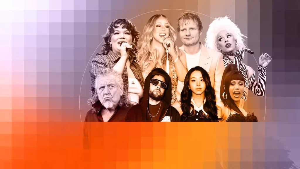 Lola Young, Mariah Carey, Ed Sheeran, Doja Cat, Cardi B, Chaeyoung, Kassa Overall, Robert Plant in collage