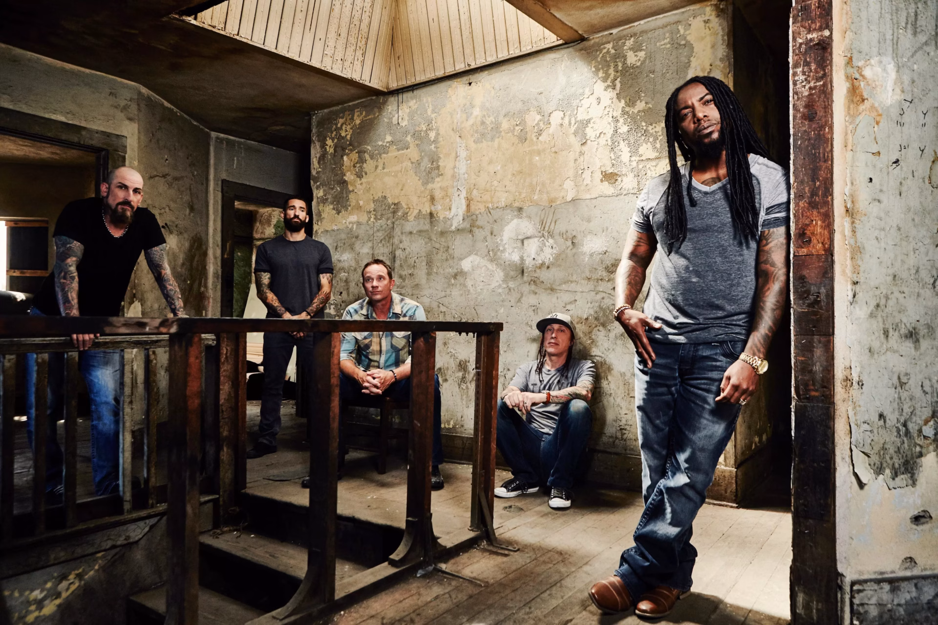 Sevendust's John Connolly, Clint Lowery, Vince Hornsby, Morgan Rose, and Lajon Witherspoon